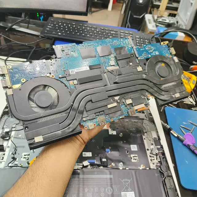 Dell gaming laptop motherboard removed with dual fan heatsink