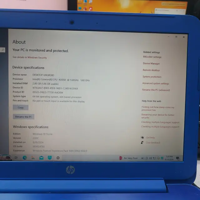 HP Stream with Celeron N3050 and 2GB RAM: Windows 10 system information