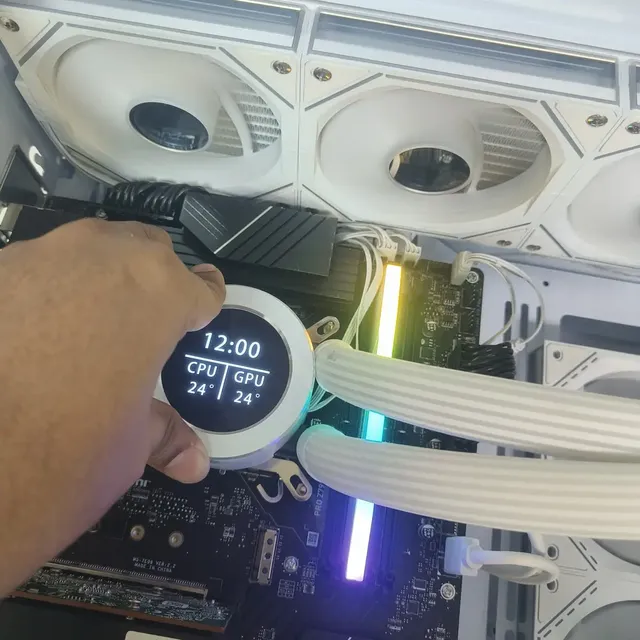 White gaming PC build AIO liquid cooler RGB