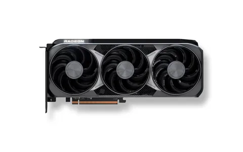 AMD Radeon RX 9070 XT triple-fan graphics card, side view