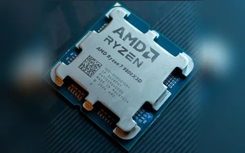 AMD Ryzen 7 9800X3D desktop processor seen from above on a dark surface