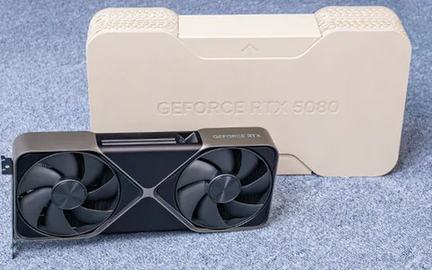 NVIDIA GeForce RTX 5080 Founders Edition graphics card beside its packaging